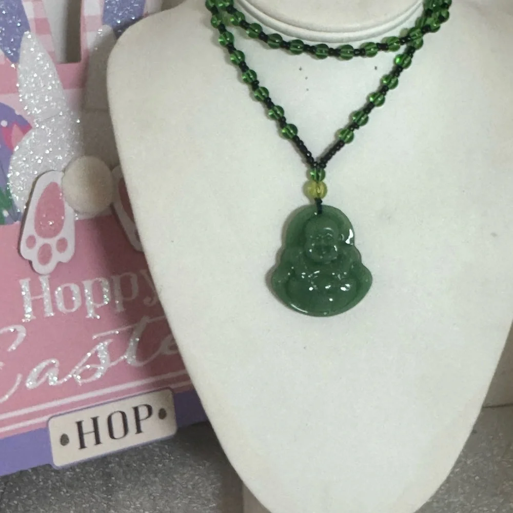 Green Beaded Buddha Pendant Necklace